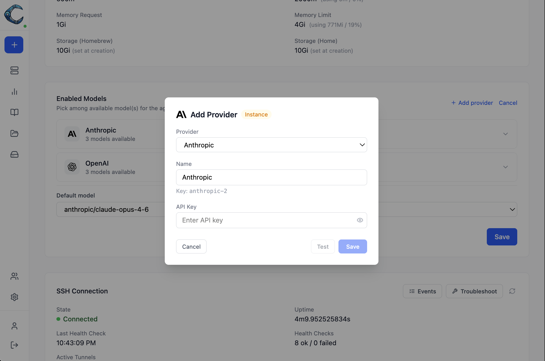 LLM provider configuration with API key management