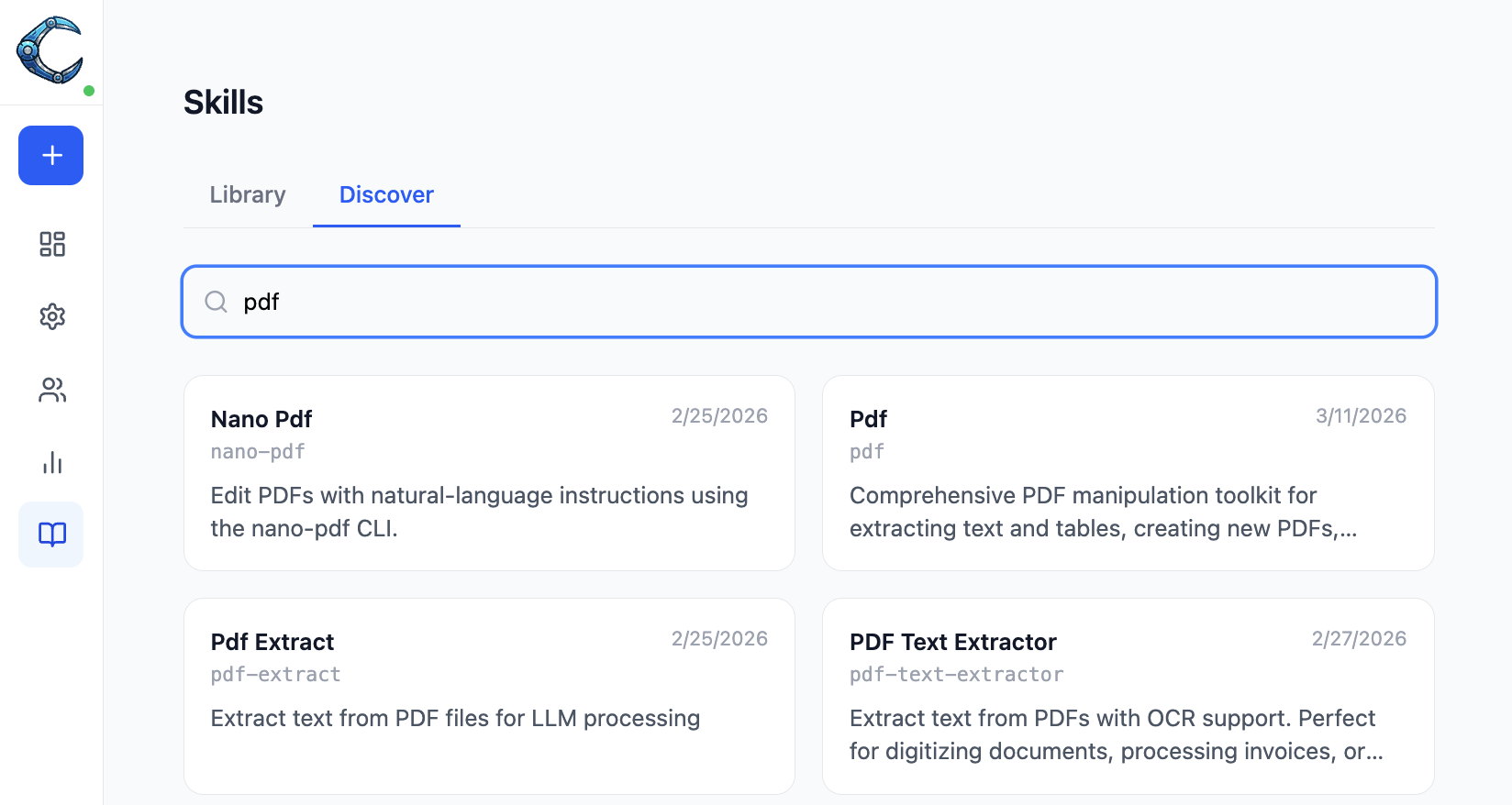 Skills Library showing community skills from Clawhub